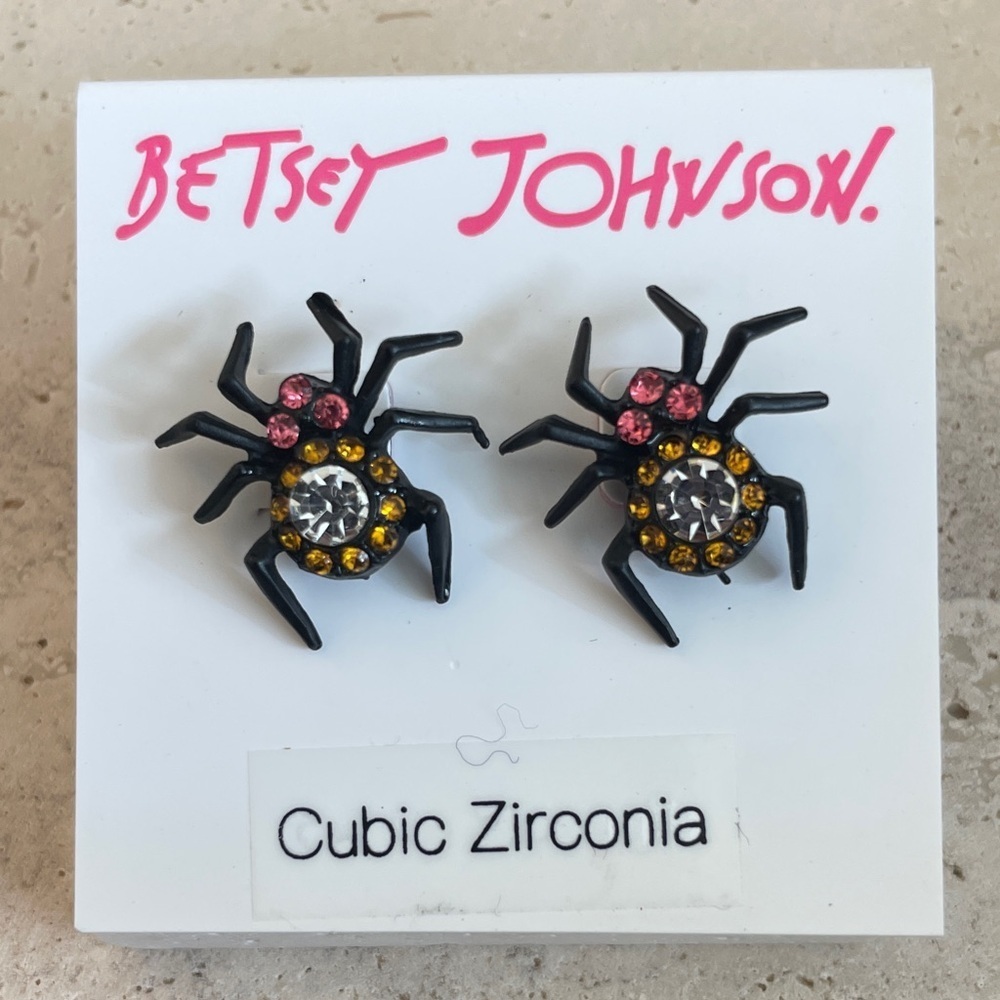 Betsey Johnson Black Spider Earrings with Pink and Yellow Accents